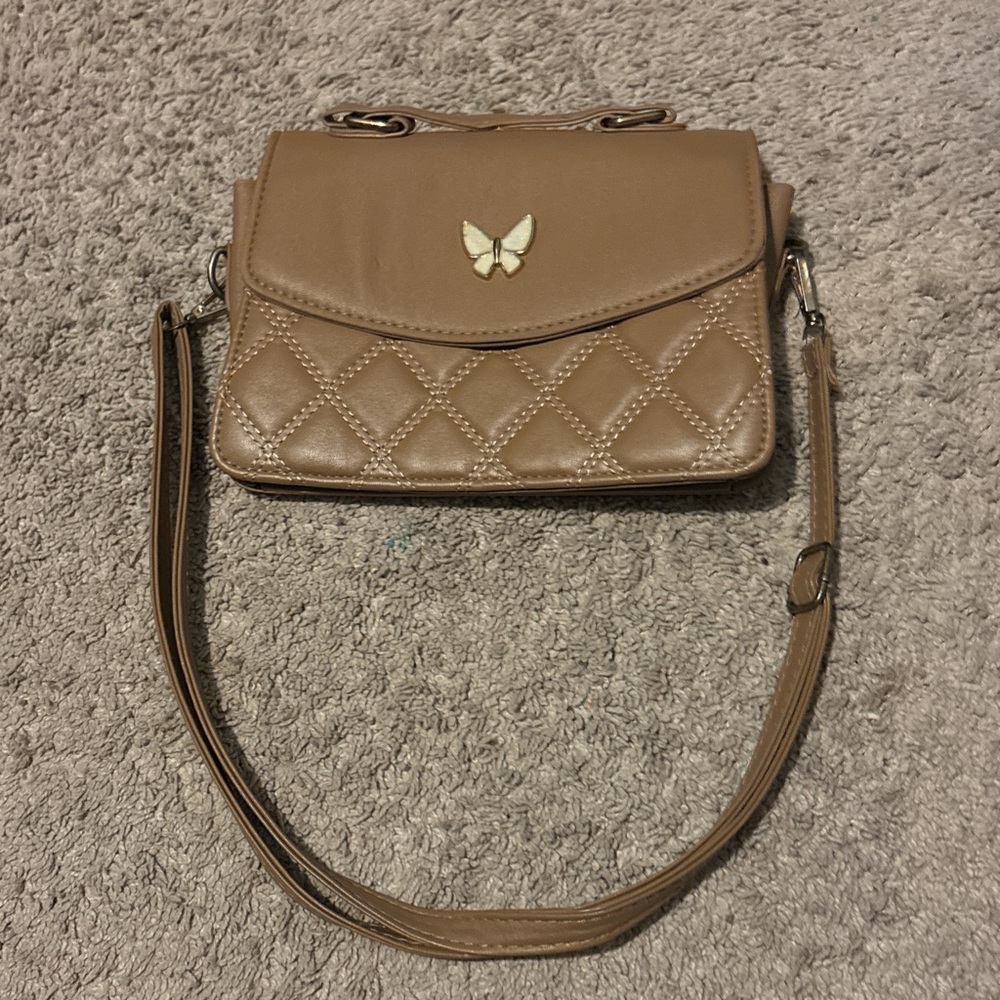 SHEIN Tan Quilted Crossbody Bag with Butterfly Detail